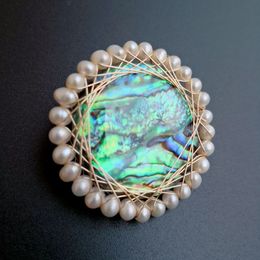 Pearl Brooch Natural Abalone Paua Round Shell and White Freshwater Pearls Handmade Jewellery Brooches 5 Pieces