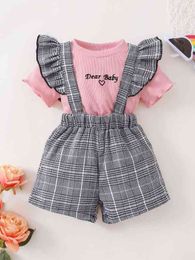 Baby Letter Embroidered Tee & Glen Plaid Ruffle Trim Pinafore Shorts SHE