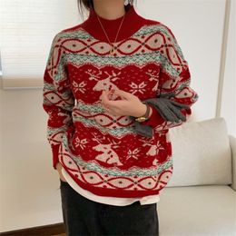 Autumn Winter OL Outwear Vintage Red Print Christmas Pullover Tops Warm Sweater Women Elegant Loose Knitted Sweaters 210421