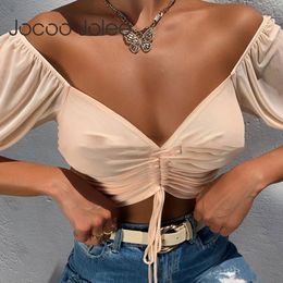 Jocoo Jolee Women Elegant Mesh Lantern Sleeve Cropped Tops Sexy Drawstring V Neck Chiffon Blouses Casual Solid Short Shirts 210518