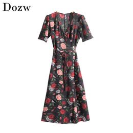 Boho Style Floral Print Knee Length Dress V Neck Bandage Elegant Dress Women Short Sleeve Buttons Summer Sundresses Ropa Mujer 210414