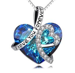 I Love You Forever Heart Pendant Necklaces Blue Crystal Jewelry for Women Girl Valentine Gift