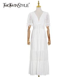 Lace Up Bowknot Dress For Women V Neck Short Puff Sleeve High Waist Elegant Dresses Female Fashion Style 210520