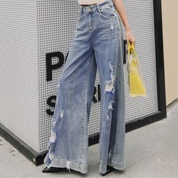 Spring Casual Korea Chic Women Flare Pants Zipper Solid Colour Blue Hollow Out Wide Leg Opening Denim Jeans 8Y640 210510