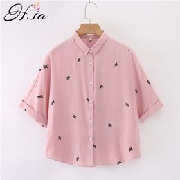 Hsa Women Summer Blusas Short Sleeve Turn Down Collar Pink White Chiffon Blouse and Shirts Breath Leaf Casual Korean Tops 210430
