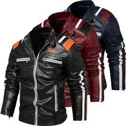 Men's Leather Jacket Fashion Slim Fit Motorcycle Jacket Autumn Winter Men Casual Business Zipper Jacket Warm Stand Collar Coat 211111