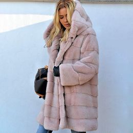 Warm Autumn Winter Faux Fur Hooded Long Coats Women Long Sleeve Velvet Plus Size Outwear Ladies Oversized Elegant Overcoat