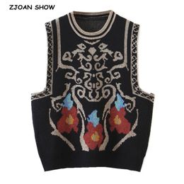 Spring Ethnic Geometric Totem Knitted Sweater Vest Preppy Style Korean Clothes Cool Girl Sleeveless Jumper Y2K Knitwear 210429