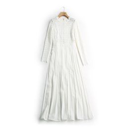 White Hook Flower Hollow Out Lace Patchwork Chiffon Long Sleeve Zipper A-line Midi Dress Elegant Party Autumn D2099 210514