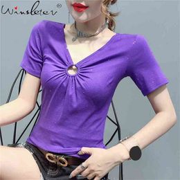 Summer Solid T shirt Women AB Wear Cotton V-neck Ring Ruched Short Sleeve Shiny Tops Tee Casual T02611B 210421