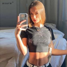 T-shirts Women Gothic Crop Tops Ladies Clothing Body Woman Tshirts Femme Vintage Aesthetic Designer Grunge Clothes K20L10640 210712
