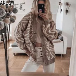 Spring Autumn Oversized Sweater Leopard Cardigan Casual Loose Female Knitted V-neck Jumper Fall Women Clothing 211018