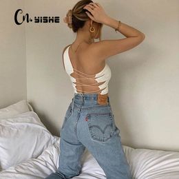 CNYISHE One Shoulder Tops Fashion Sexy Backless Lace Up Crop Tops for Women Summer Bandage Top Sleeveless Cropped T Shirt Female 210419