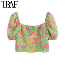 TRAF Women Fashion Floral Print With Bow Cropped Blouses Vintage Puff Sleeves Back Elastic Female Shirts Chic Tops 210415