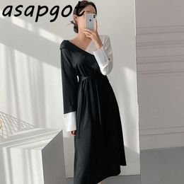 Temperament Elegant Slim Lace Up Waist V Neck Black White Contrast Dress Women Patchwork Maxi Long Sleeve Vestido De Mujer Chic 210610