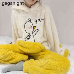 Kawaii Pajamas Teenagers Two Piece Sets Spring Autumn Cartoon Hooded Packet DesignThick Sleepwear Female 2 210601