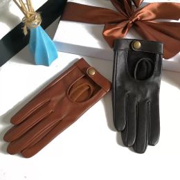 Five Fingers Gloves 2021 Half Palm Glove Rivet Pins Street Fashion Driving Genuine Real Goat Leather Women Short Mittens