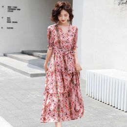 summer fashion women casual Chiffon half Sleeve V-Neck A-Line Floral Print Big Swing chiffon Beach dress Plus Size 210531