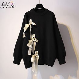 H.SA Woman Sweaters Long Sleeve Hollow Out Buttfly Jumpers Bow Tied Lace Up Fashion Korean Knit Pullover ropa mujer 210417