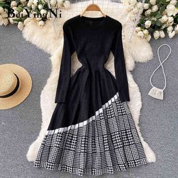 Beiyingni Houndstooth Sweaters Dress Women Autumn Winter Long Sleeve Casual Elegant Luxury Spell Colour Midi Dresses Ladies Robes Y1204