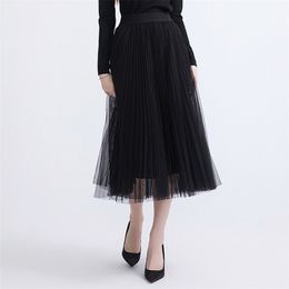 Spring Summer Gothic Black White Long Mesh Skirt Vintage Korean England Style High Street Elastic Waist Basic Accordion Skirts 210730