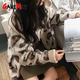 Women's Knitted Cardigan Leopard Print Sweater Oversized Casual Jumper Autumn Winter Thick Women 210428