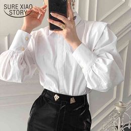 Spring Autumn Shirts Chic Vintage Loose White Blouse for Women Turn-down Collar Solid Female Clothing Tops 12872 210415