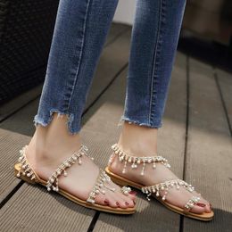 Anance 2021 Explosion Models Simple And Fashionable Roman Pearl Sandals European American Handmade Beaded Flat Women