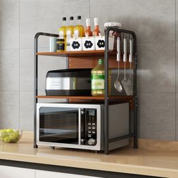 2 Tiers Microwave Oven Rack Stand Storage Shelf Kitchen Storage Bracket Space Saving Kitchen Organizer with Hooks