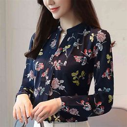 New V-Neck Chiffon Blouses Slim Women Long Sleeve Floral Womens Tops And Blouses Autumn Fashion Office Work Wear Shirts Z0001 210401