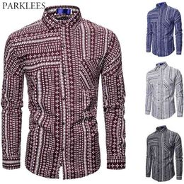 African Floral Print Mens Shirt Retro Tribal Ethnic Style Shirt for Men Casual Slim Fit Button Men Long Sleeve Shirt Camisa 210524