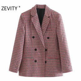 Zevity Women Vintage Plaid Print Notched Collar Retro Blazer Office Lady Double Breasted Streetwear Suits Outwear Tops CT608 210603