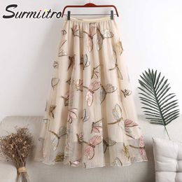 SURMIITRO Summer Mesh Sequined Dragonfly Embroidery Long Tulle Skirt Women Korean High Waist Midi Aesthetic Skirt Female 210712