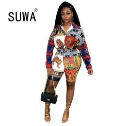 Fashion Work Fall Clothing Trendy Chic Printed Two Piece Women Tunic Oversize Vintage Casual Shirt Blouse + Knee Length Pants 210525