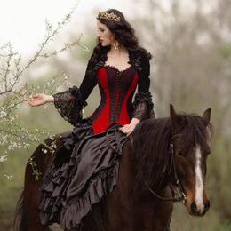Vintage schwarze und rote Brautkleider Gothic Brautkleid mit Langarmjacke Veet Sweep Zug Schatz Vestido de Novia Lace Korsett Rücken 403