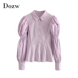 Women Fashion Puff Long Sleeve Blouses Ladies Solid Casual Blouse Top Chic Office Turn Down Collar Shirt Tunic Blusas Mujer 210414