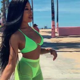 Summer High Quality Women Two Piece Set Beachwear Sexy Sleeveless Padded Camis Crop Top and Mini See Through Mesh Shorts Suits 210517