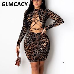 Women Long Sleeve Leopard Bodycon Dress Sexy Lace Up Front Mini Party Club Dresses 210702