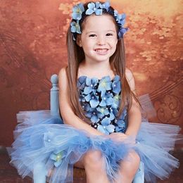 Baby Girls Blue Flower Petals Fairy Tutu Dress Kids Crochet Tulle Dress with Hairbow Children Birthday Party Costume Dresses Q0716