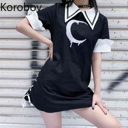 Korobov Japanese Harajuku Ulzzang Women Dress Summer Hit Color Embroidery Dresses Streetwear Dark Style Female Vestidos 210430