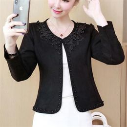 Womens Outerwear Spring Autumn Slim Plus Size Short Jacket Woman Fashion Embroidery Nail Bead White Suede Coats Casaco 210525