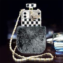 Women Designer Winter Style Fur Ball Perfume Bottle Diamond Cases For iPhone 12 Pro Max 13 mini 11 xr xsmax 8plus Lanyard Crystal Rhinestone 11PRO Phone Case Cover