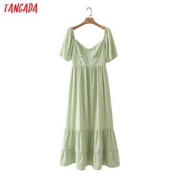 Tangada Summer Women French Style Green Long Dress Puff Short Sleeve Ladies Sundress 2M44 210609