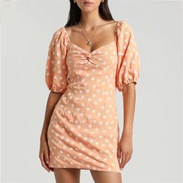 Floral Print Vintage Dress Women Puff Sleeve Orange Short Summer Bowknot Flower Boho Mini 210427