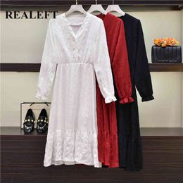 Spring Summer Vintage Women's Long Dresses V Neck White Sleeve Buttons Female Loose Bohemian Dress 210428