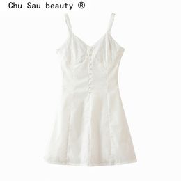 beauty Casual Single-breasted Sling Mini Dress Women Sexy Deep V-neck Summer Ladies es Holiday Off Shoulder 210514