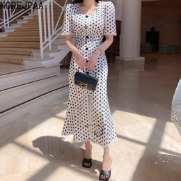 Korejpaa Women Dress Summer Korean Chic Ladies Elegant Temperament Square Collar Fringed Polka Dot Split Fishtail Vestidos 210526