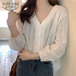 Korean Style Solid Cotton Simple Women Tops and Blouses Sweet Lace V-neck Puff Sleeve Shirt Women Ladies' Tops 10914 210528