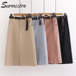 Cotton Slit Midi Skirt Women Spring Summer Korean Black Blue High Waist Sun School Office Female With Belt 210421