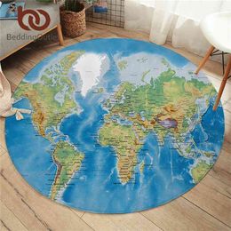 BeddingOutlet World Map Round Carpets For Living Room Vivid Printed Chair Area Rug Blue Floor Mat for Bedroom Kids Play Tent Mat 210917